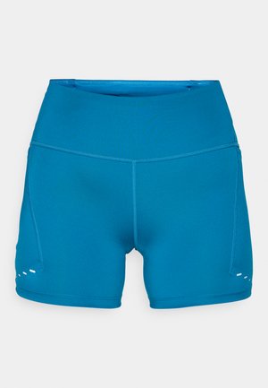 Akvablå idrettsshorts med høy midje, glatt tekstur og sidesnitt med hvite detaljer. Konstruert av elastisk, fukttransporterende materiale.