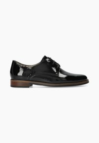 Chaussure oxford en cuir verni noir avec un design élégant, bout rond, lacets et un talon en bois brun pour plus de stabilité.