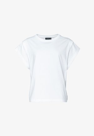 Camiseta blanca de manga corta con cuello redondo, mangas ligeramente arremangadas y dobladillo recto.