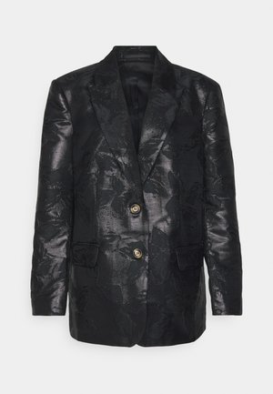 Czarna kurtka z kwiatowym wzorem jacquard, dwa złote guziki, kołnierz z klapami i dwie przednie kieszenie, gładka faktura z błyszczącym wykończeniem.