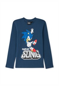 Granatowa koszula z długim rękawem wykonana z bawełny, z grafiką Sonic the Hedgehog, z jasnoniebieskimi akcentami i wyraźnym białym napisem.