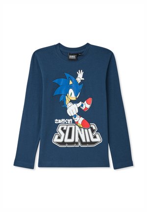 T-shirt a maniche lunghe blu navy realizzato in cotone, con una grafica di Sonic the Hedgehog, dettagli blu brillante e scritte bianche audaci.