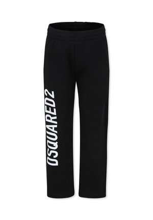 Zwarte trainingsbroek van zacht materiaal, met een elastische tailleband en een opvallend wit 'DSQUARED2' logo dat verticaal op het linker been is gedrukt.