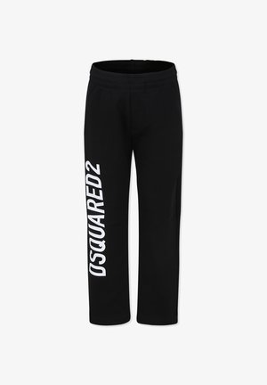 Pantalons de survêtement noirs en tissu doux, dotés d'une taille élastique et d'un grand logo blanc 'DSQUARED2' imprimé verticalement sur la jambe gauche.