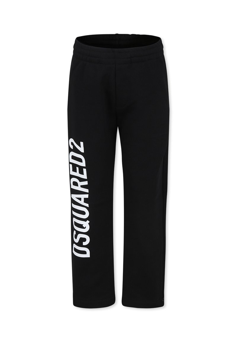 Zwarte trainingsbroek van zacht materiaal, met een elastische tailleband en een opvallend wit 'DSQUARED2' logo dat verticaal op het linker been is gedrukt.
