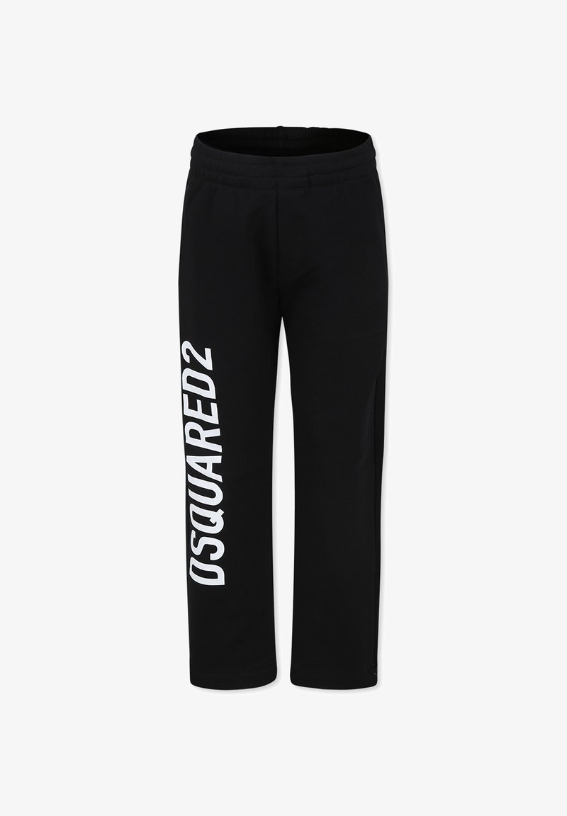 Zwarte trainingsbroek van zacht materiaal, met een elastische tailleband en een opvallend wit 'DSQUARED2' logo dat verticaal op het linker been is gedrukt.