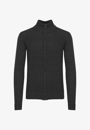 Cardigan zippé en tricot gris foncé, avec une texture côtelée, un col haut et des manches longues. Fabriqué en mélange de laine doux.