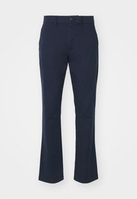 Pantalon navy en tissu coton mélangé, avec une coupe droite, une taille standard avec fermeture à bouton et des poches latérales.