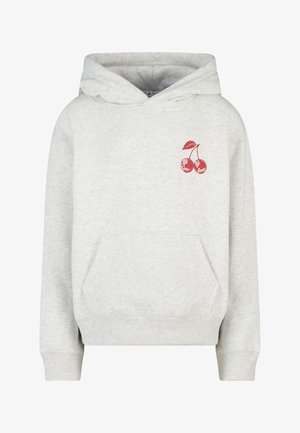 Sweat à capuche gris clair avec poche frontale et petit motif de cerises rouges sur le côté gauche de la poitrine.