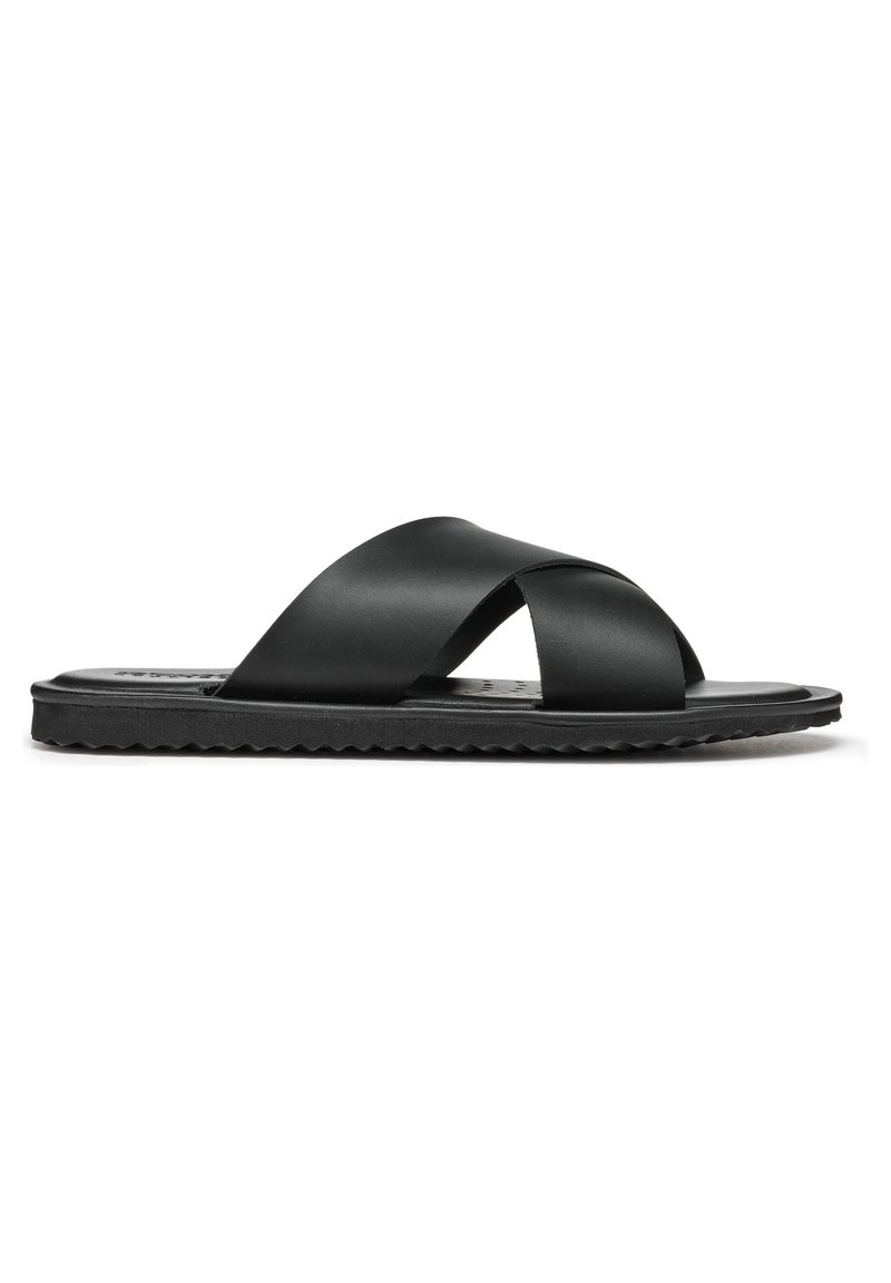 Sandale à talon noire avec larges brides en cuir croisées et semelle texturée, photographiée sur fond blanc.