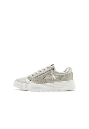 Metallic silver sneakers with perforated floral design, featuring a zipper closure and white rubber sole. Accent is a fabric bow.