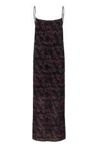 Maxi dress in dark plum with black floral pattern, made of lightweight fabric. Features thin straps and a straight silhouette.
