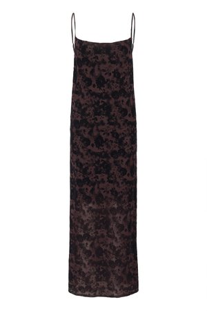 Maxi dress in dark plum with black floral pattern, made of lightweight fabric. Features thin straps and a straight silhouette.