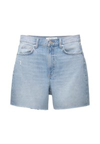 Light blue denim shorts with a straight fit, five pockets, frayed hem, and metal button closure at the waist. Slight fading on the fabric.
