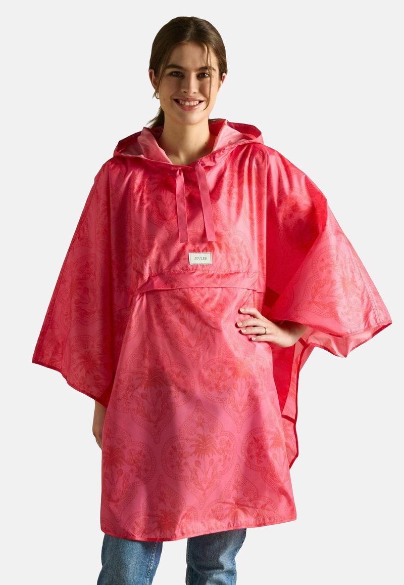Poncho rosa impermeabile con un design floreale testurizzato, cappuccio spazioso e tasca frontale. Il materiale appare liscio e lucido.