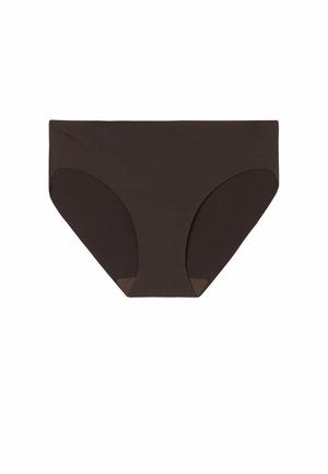Brown hipster briefs made of stretch fabric, featuring a smooth texture, full coverage design, and no visible seams or embellishments.