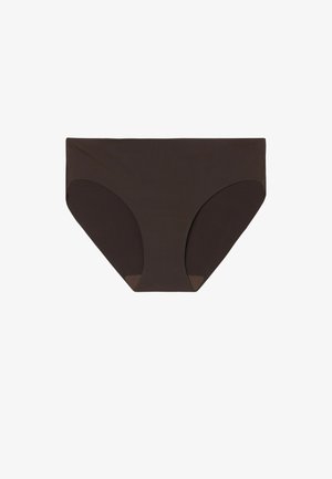 Hnědé hipsterské trenýrky vyrobené z elastického materiálu, s hladkým povrchem, plným krytím a bez viditelných švů nebo ozdob.