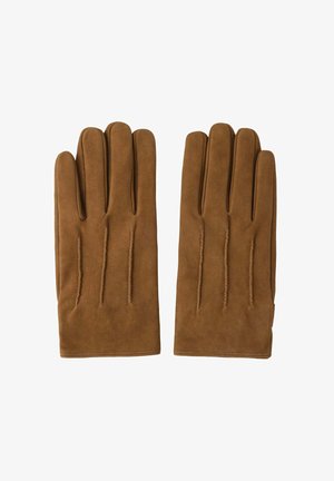 Brązowe zamszowe rękawiczki z pięcioma palcami, z przeszytymi detalami na tyle. Miękka tekstura i klasyczny design.