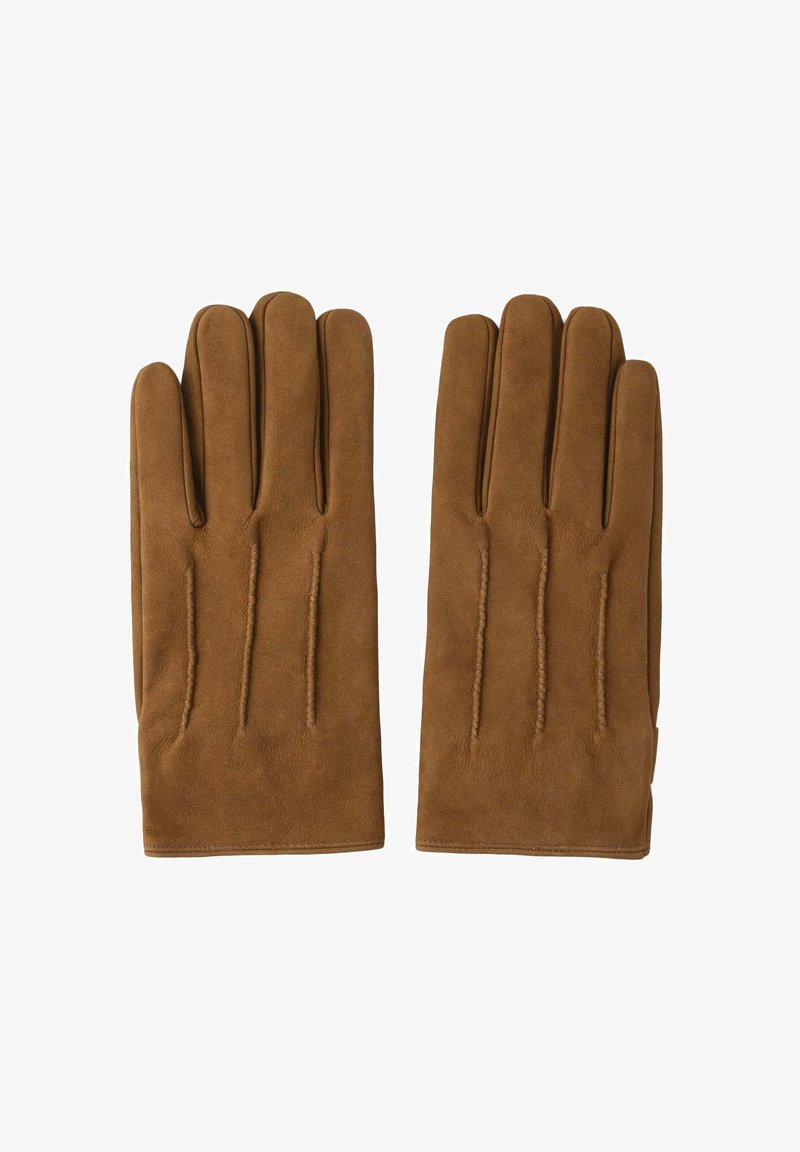Guanti in suede marrone con cinque dita, caratterizzati da dettagli cuciti sulla parte posteriore. Texture morbida e design classico.