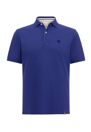 Blue polo shirt with a classic collar, short sleeves, and a button placket. Features a small, embroidered logo on the chest.