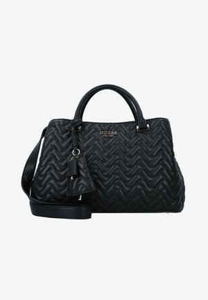 Mustat tyynytaskut, joissa on aaltoileva kuvio, hopeiset yksityiskohdat, kaksinkertaiset kahvat ja säädettävä olkahihna. Sisältää vieheen.