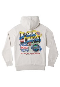 Jasnoszara bluza z kapturem z dużym, wielokolorowym nadrukiem z tyłu, zawierającym logotypy i tekst. Bluza wyposażona w kaptur oraz kieszeń kangurka.