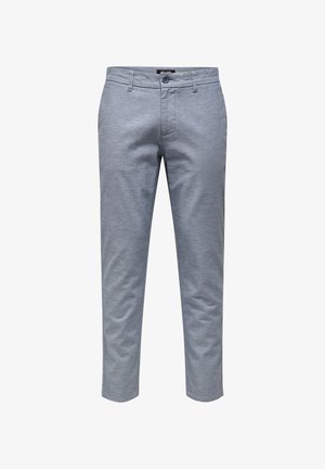 Pantaloni gri deschis, croială slim, cu închidere cu nasture și fermoar, bucle pentru curea și buzunare frontale.