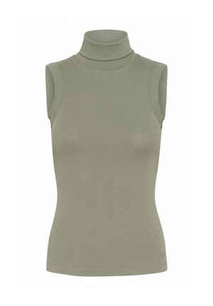 Bežė spalvos be rankovių megztinis su aukštu kaklu ir lygiu paviršiumi. Turi prigludusį siluetą.