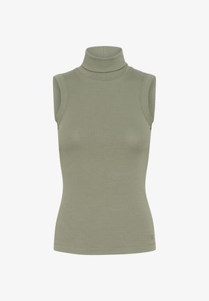 Bežė spalvos be rankovių megztinis su aukštu kaklu ir lygiu paviršiumi. Turi prigludusį siluetą.