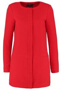 Rote Jacke mit langen Ärmeln aus strukturiertem Stoff, mit runder Halslinie, geradem Schnitt und mittiger Nahtdetails.