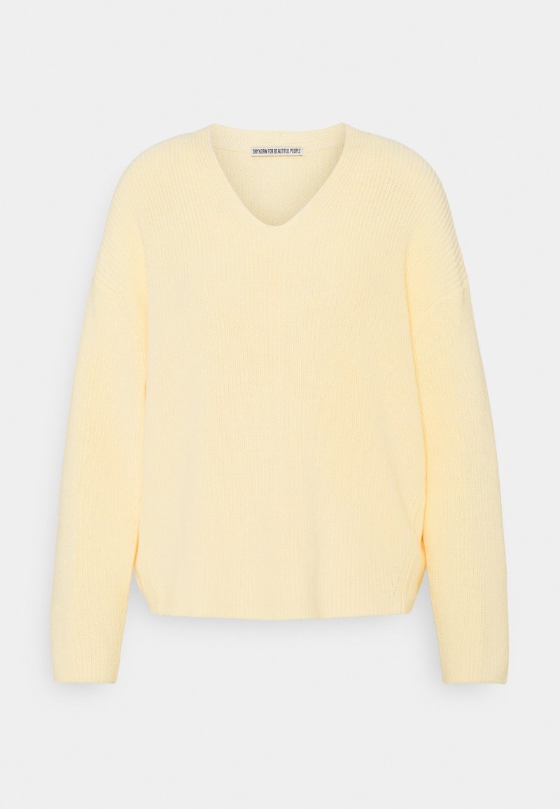 Pull jaune doux en maille avec col en V, manches longues et coupe décontractée.