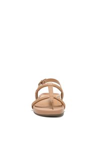 Tan leather sandals with three slender straps, a back heel strap, and a flat rubber sole. Smooth texture with a minimal design.