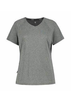 Szary sportowy t-shirt z krótkim rękawem i dekoltem w serek, z czarnymi panelami z siateczki na plecach, zaprojektowany dla zapewnienia oddychającego komfortu.