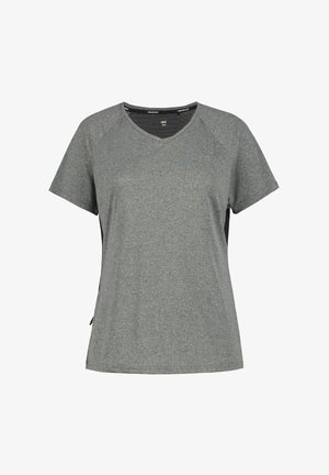 Grijs sportief T-shirt met korte mouwen en V-hals, met zwarte mesh inzetstukken aan de achterkant, ontworpen voor ademend comfort.