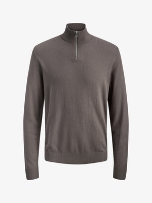 Vīriešu pelēks garroku džemperis ar ribotām aprocēm un apakšu, ar pusritentiņa imitācijas apkakli.