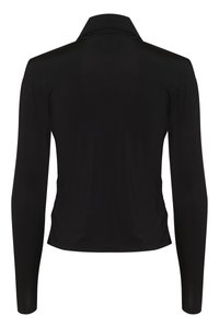 Zwarte blouse met lange mouwen en kraag, gladde textuur, slim-fit ontwerp en gatherdetails aan de zijkanten voor een getailleerde look.