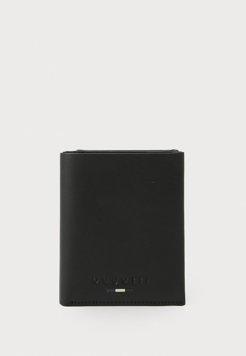 Portefeuille en cuir noir avec une texture lisse, un design minimaliste, et un logo embossé. Présente des rayures de couleur accentuées près du logo.