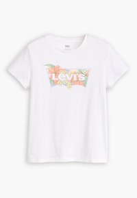 Camiseta de algodón blanca con un gráfico floral colorido y el texto "Levi's" en blanco en negrita, cuello redondo y mangas cortas.