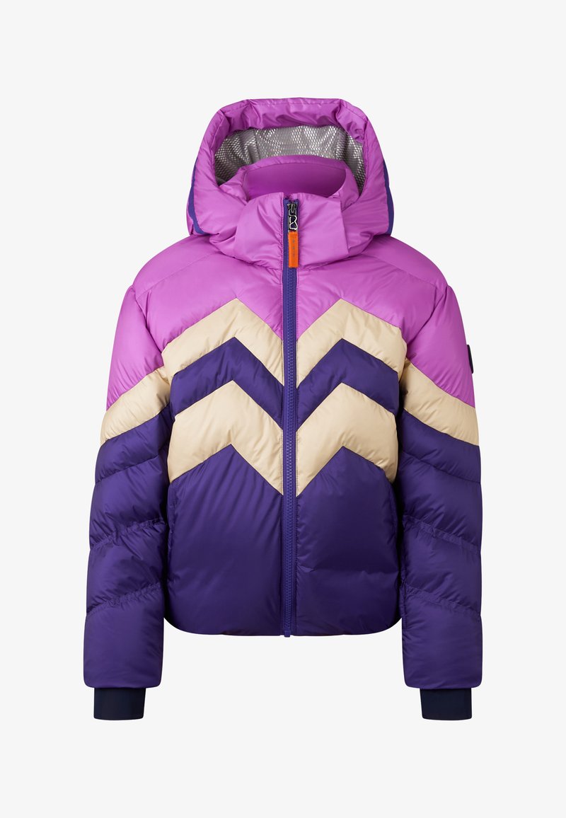 Fioletowa i różowa kurtka puchowa z wzorem w zygzaki w kremowym kolorze. Posiada kaptur, zamek błyskawiczny na całej długości oraz elastyczne mankiety dla dodatkowego ciepła.