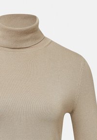 Beżowy sweter z wysokim dekoltem, o prążkowanej fakturze, z dopasowanymi długimi rękawami i gładkim wykończeniem. Szczegóły obejmują wzmocnione szwy.