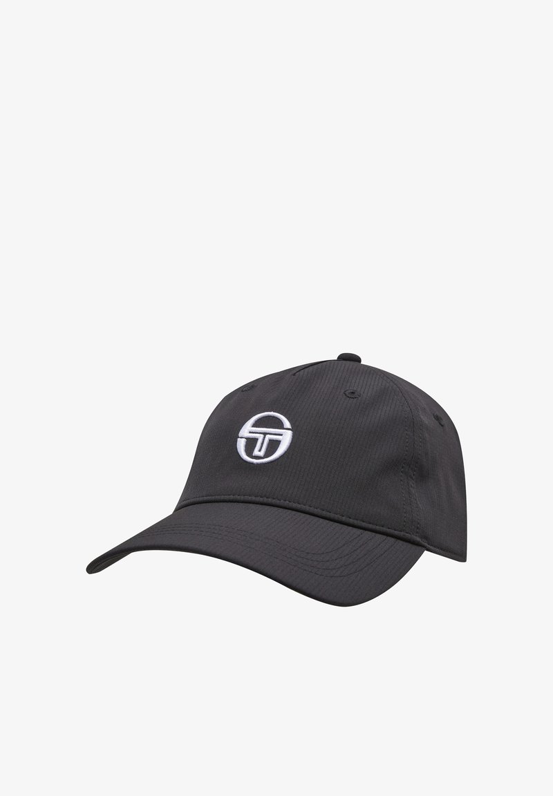 Casquette de baseball noire avec visière incurvée et logo circulaire blanc représentant un "T" stylisé au centre avant.