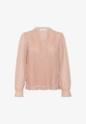 Svetloružová blúzka s dlhými rukávmi, s výstrihom do V, textúrovanou tkaninou, geometrickými vyšívanými vzormi a riasiami na manžetách.