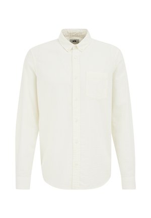 Long-sleeve shirt in off-white, cotton material, featuring a buttoned front, a single chest pocket, and a subtle textured pattern.