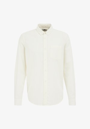 Camisa de manga larga en color crudo, de material de algodón, con un frente abotonado, un bolsillo en el pecho y un sutil patrón texturizado.