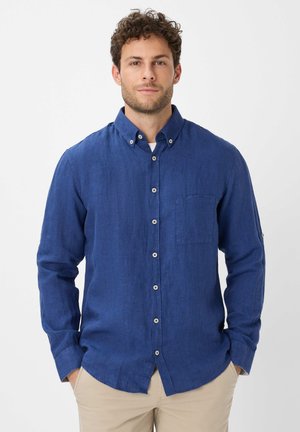 Blue button-up shirt made of lightweight fabric, featuring a chest pocket, button-down collar, and visible stitching details.