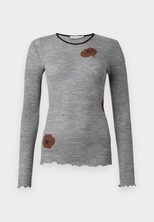 Gray ribbed long-sleeve top with a round neckline and scalloped hem, featuring a brown floral design on the front.