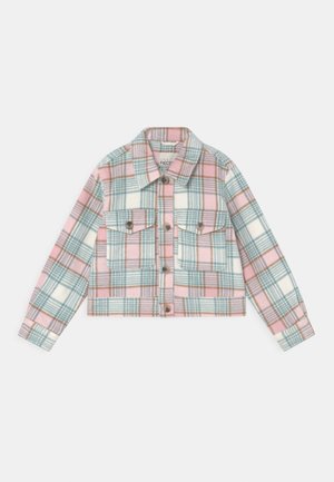 Kurz geschnittene, kariertes Jackett in Pastellfarben: Rosa, Blau und Creme. Mit zwei Brusttaschen, Vorderknöpfen und einem Kragen. Weiche Textur.