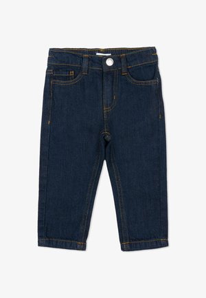 Jean en denim bleu foncé avec surpiqûres jaunes, design à cinq poches, fermeture avant par bouton et fermeture éclair, coupe droite.