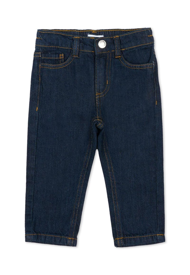 Jean en denim bleu foncé avec surpiqûres jaunes, design à cinq poches, fermeture avant par bouton et fermeture éclair, coupe droite.