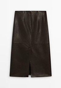 Black leather midi skirt with a straight cut, featuring a front slit and subtle textured finish. Includes rear zip closure and stitched seams.